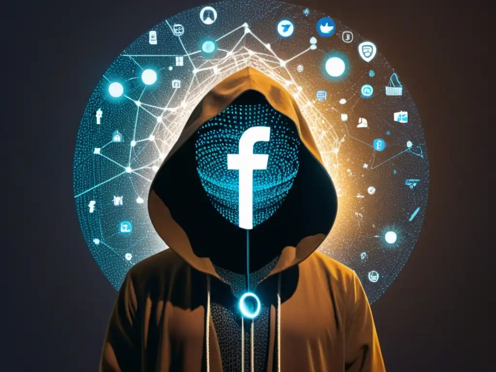 Una figura misteriosa entre iconos de redes sociales, rodeada de secretos digitales