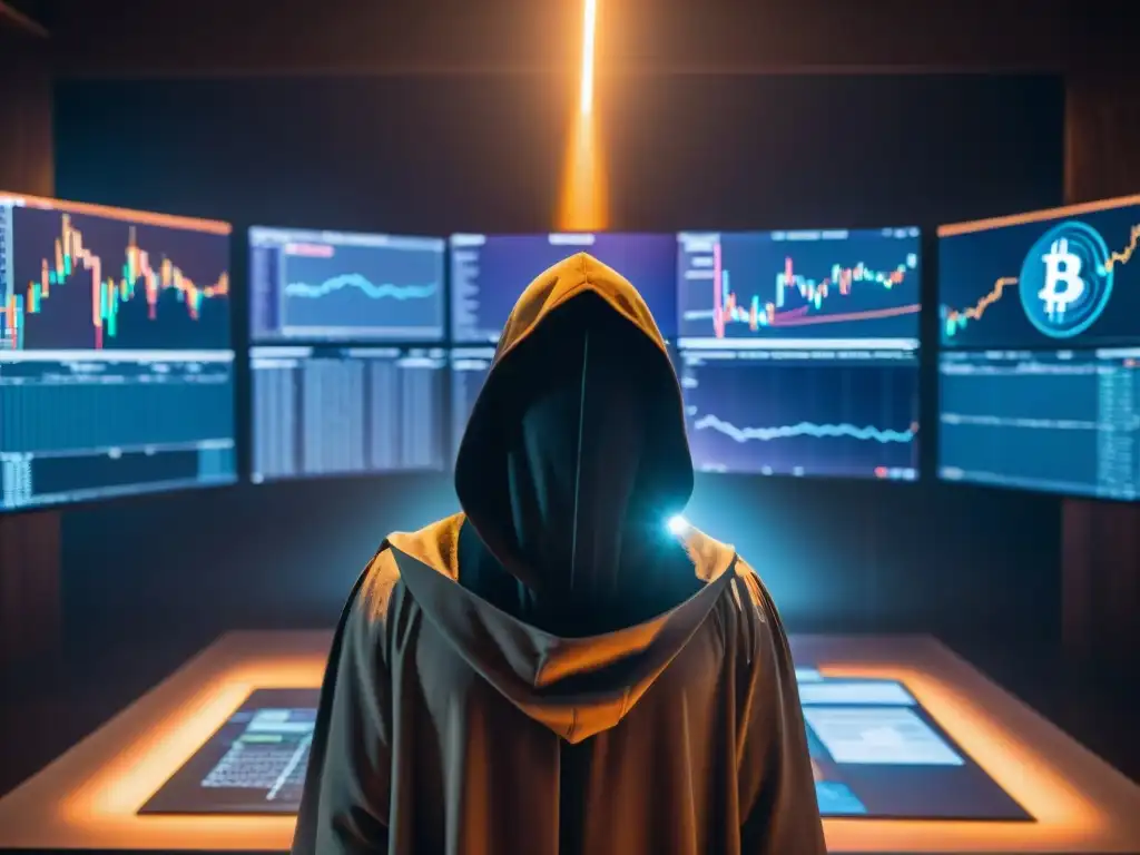 Misterioso operador de criptomonedas y sociedades secretas Figura misteriosa entre pantallas de Bitcoin y símbolos de sociedades secretas, impacto criptomonedas sociedades secretas