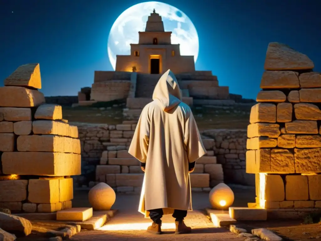 Figura misteriosa con pergamino en templo de Mnajdra en Malta bajo la luz de la luna