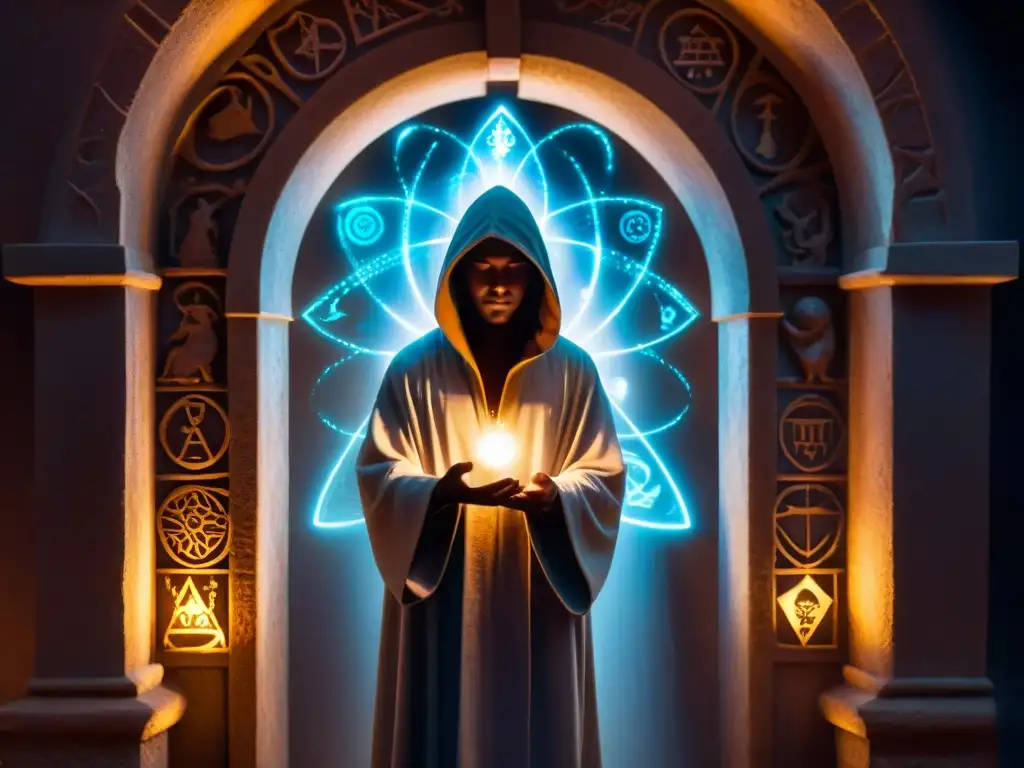 Figura misteriosa en portal brillante rodeada de símbolos antiguos, en ritual de sociedades secretas dimensiones paralelas influencia