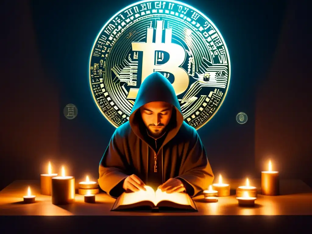 Figura misteriosa rodeada de criptomonedas y esoterismo en una cámara iluminada por velas