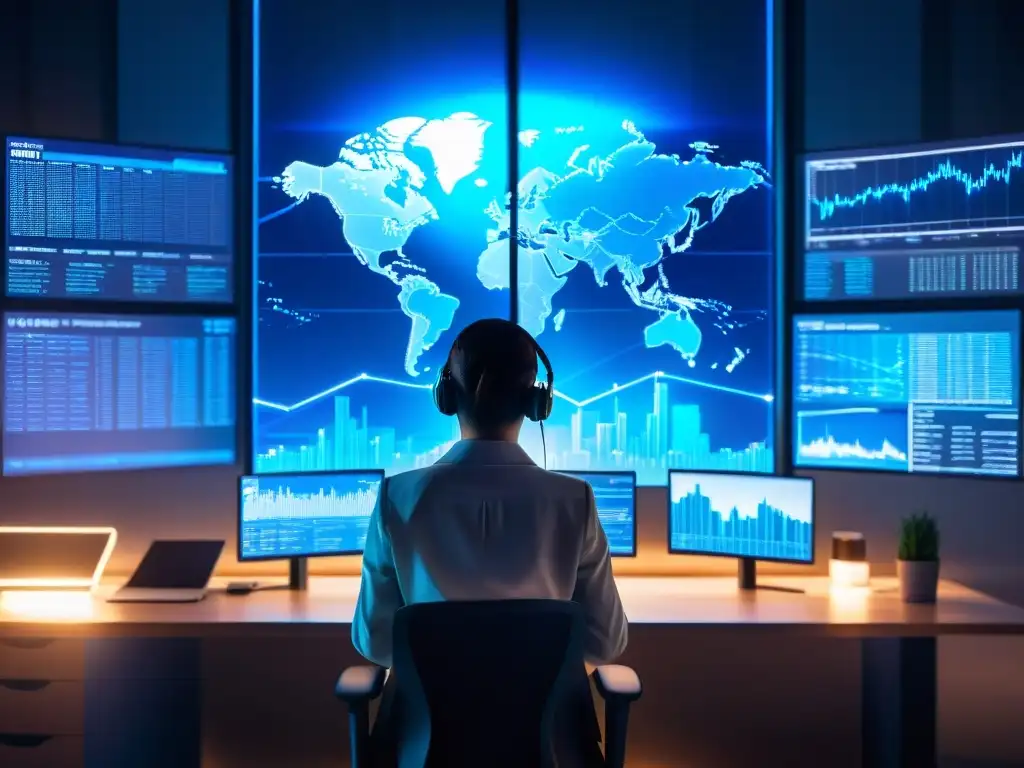 Figura misteriosa rodeada de pantallas con gráficos criptográficos, iluminada en oficina moderna con ciudad al fondo