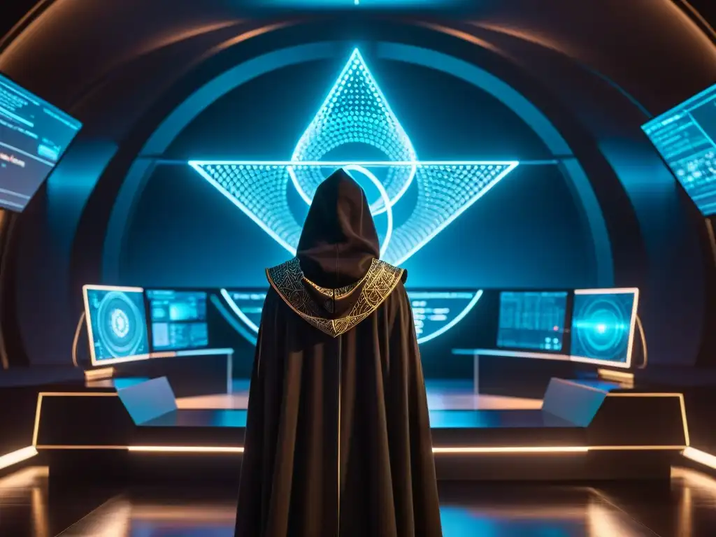 Figura misteriosa en sala futurista con hologramas de Planes Illuminati revelados ciencia ficción