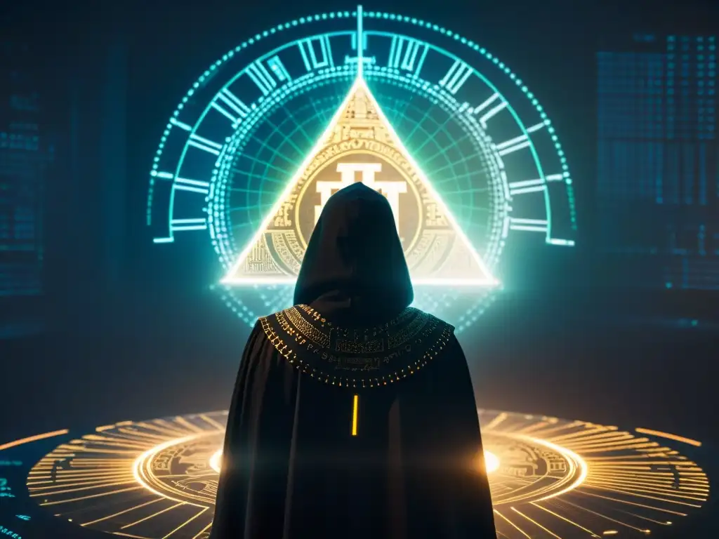 Figura misteriosa entre símbolos y criptomonedas Figura misteriosa entre símbolos antiguos y gráficos de criptomonedas, creando un impacto entre sociedades secretas