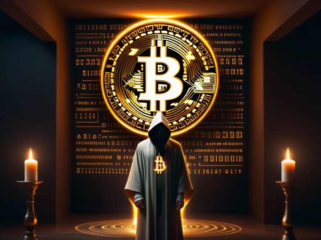 Figura misteriosa entre símbolos Bitcoin y esotéricos en ambiente secreto y candelabros