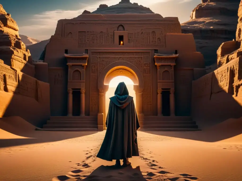 Figura misteriosa en templo antiguo del desierto: intriga y misterio Figura misteriosa en templo antiguo del desierto, con símbolos en las paredes iluminados por la luna creciente