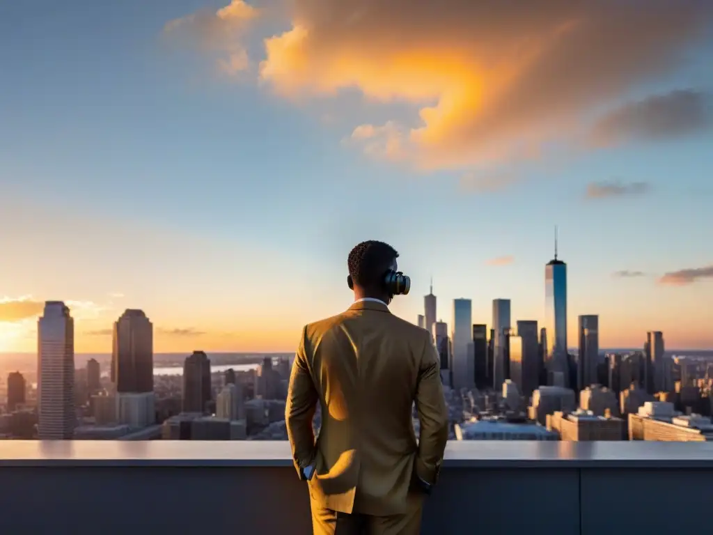 Figura misteriosa en traje con binoculares observa la ciudad iluminada al atardecer, revelando su influencia en eventos económicos globales