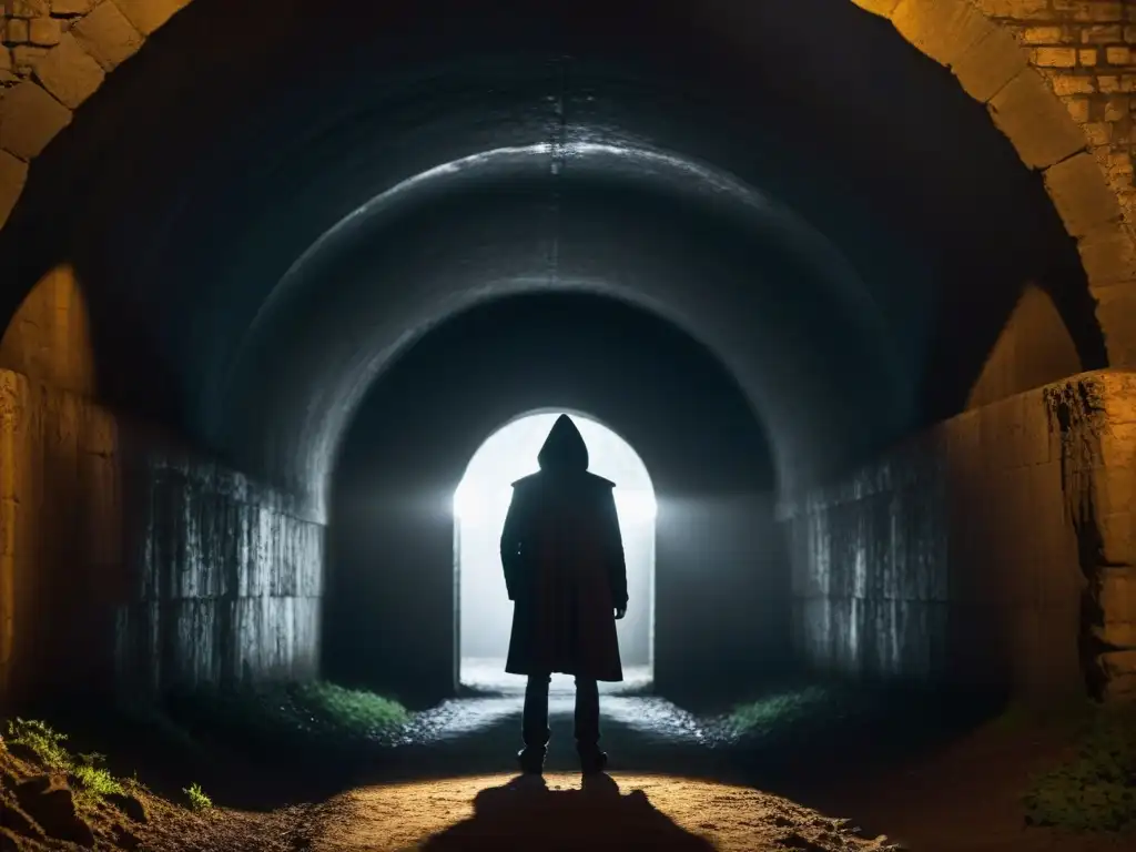 Silueta misteriosa en túnel antiguo: secreto y misterio Figura misteriosa en túnel antiguo, sociedades secretas, misterio y rituales en la penumbra