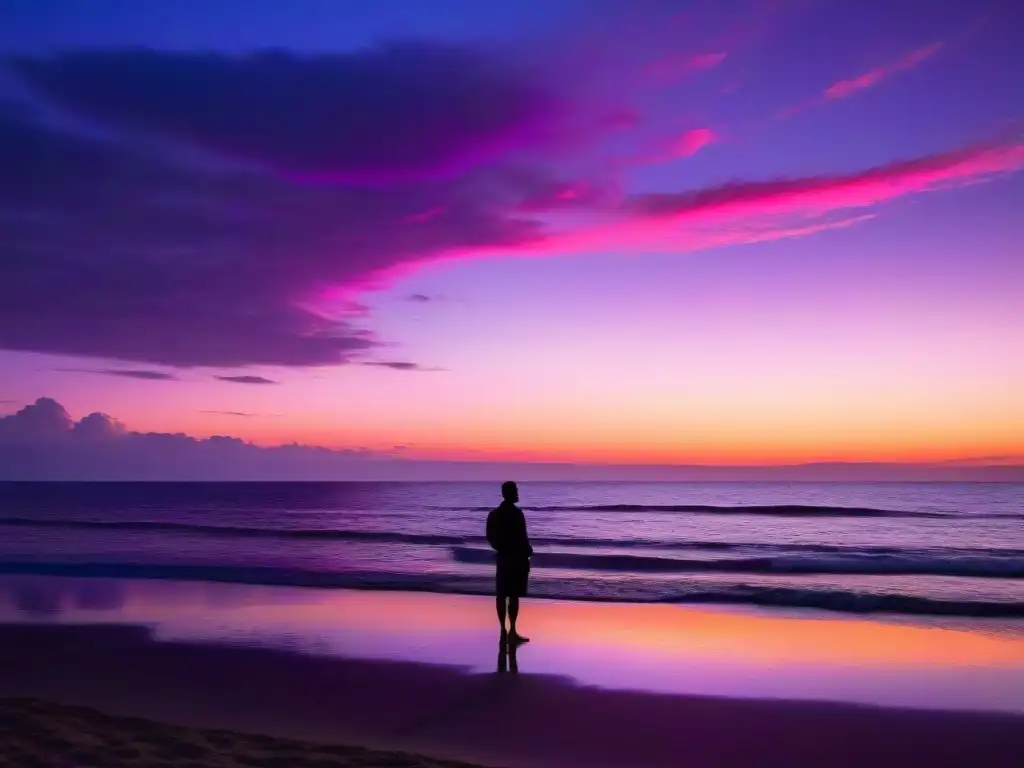 Contemplación al atardecer: conexión con el universo Una figura solitaria contempla tránsitos planetarios significativos vida en la playa al atardecer
