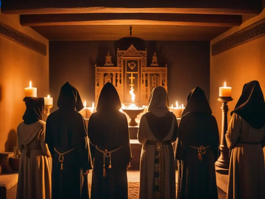 Figuras en capuchas rodean altar en cámara lúgubre con símbolos antiguos y velas, evocando misterio de 'Consecuencias de abandonar sociedad secreta'