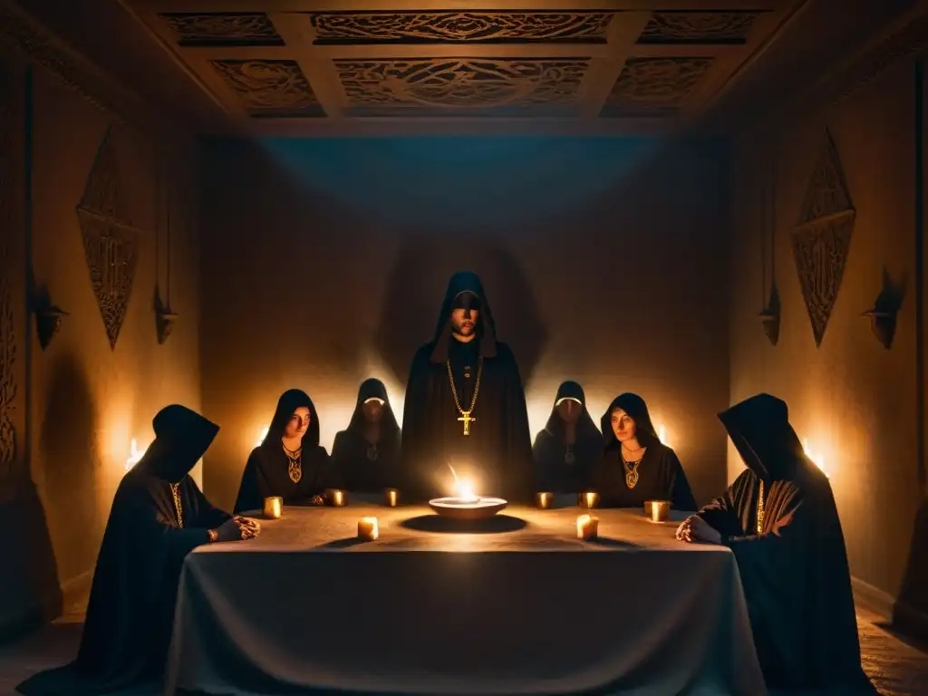 Rituales secretos: misterio y energía en la penumbra Figuras en capuchas oscuras alrededor de mesa ornamentada, iluminadas por velas en cámara misteriosa