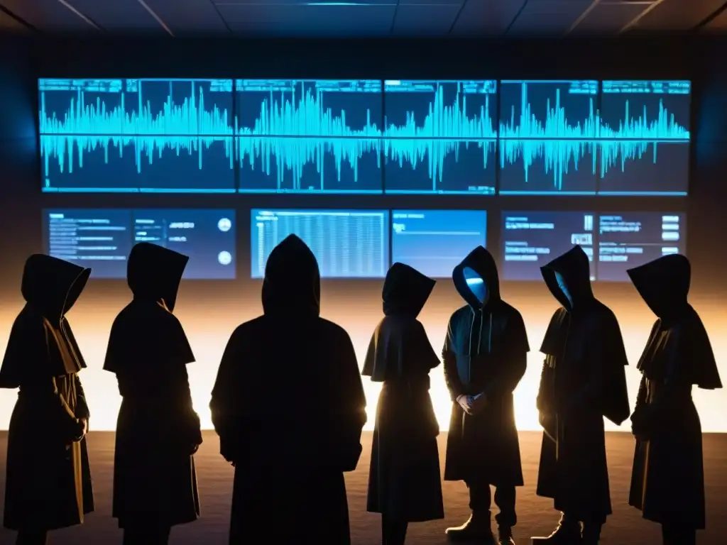 Conspiración criptográfica: red de poder y misterio Figuras encapuchadas en un cuarto oscuro, rodean una pantalla brillante con gráficos y datos cifrados