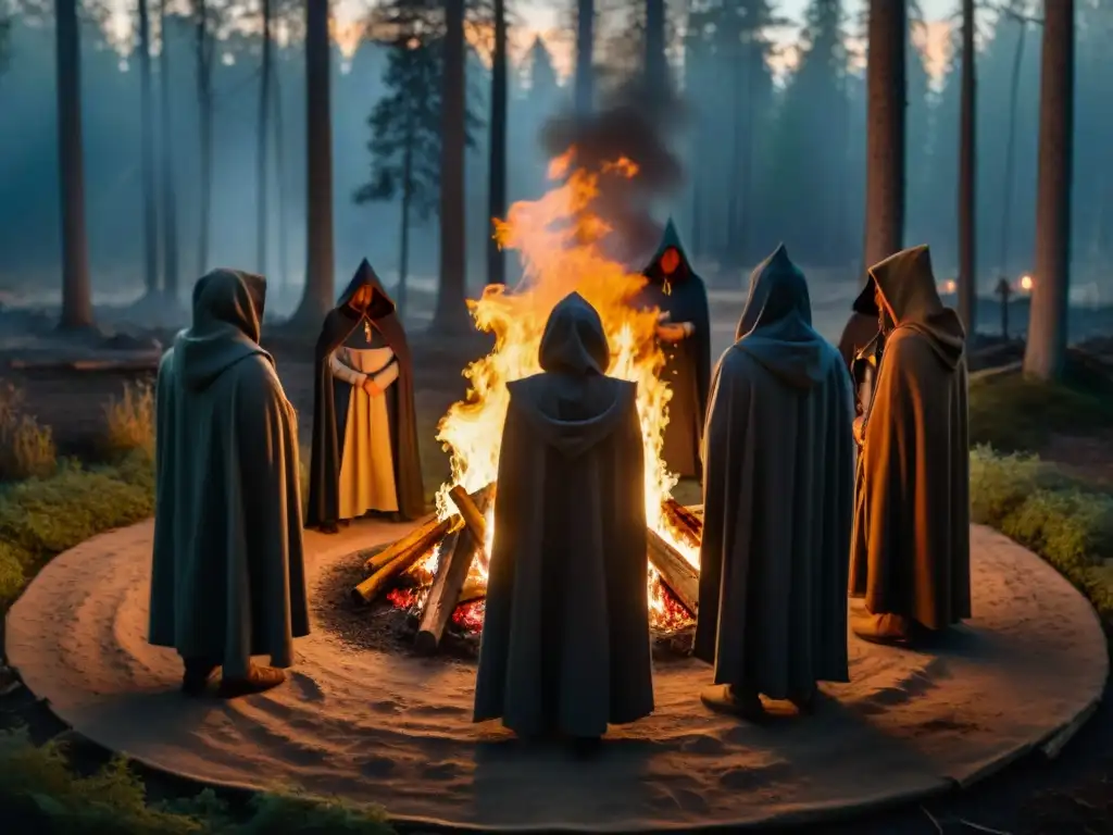 Figuras encapuchadas rodean fogata en bosque, símbolos misteriosos y artefactos antiguos