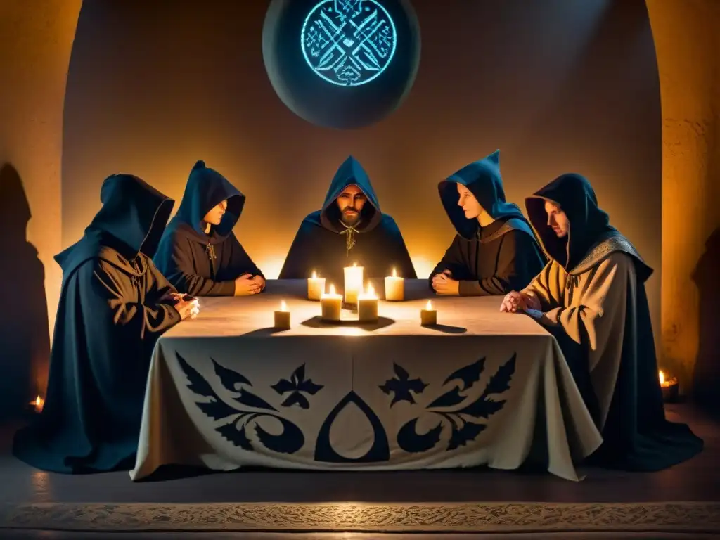 Figuras encapuchadas reunidas en mesa con símbolos misteriosos, iluminadas por velas