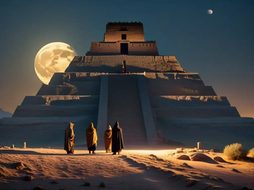 Figuras encapuchadas en ritual junto a ziggurat iluminado por luna llena