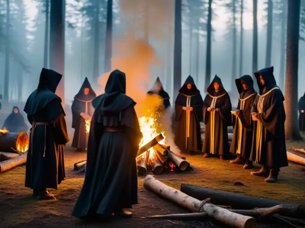 Figuras misteriosas en un bosque con fogata, envueltas en secretos rituales