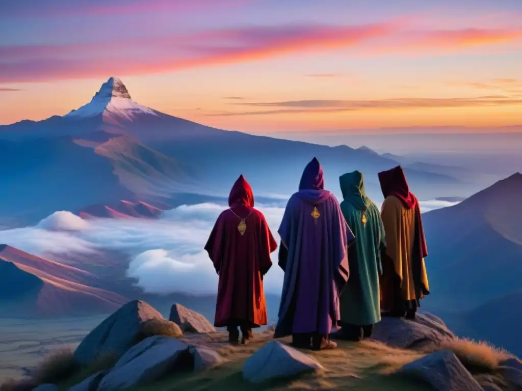 Figuras misteriosas en la cima de una montaña al amanecer, exudando sabiduría ancestral