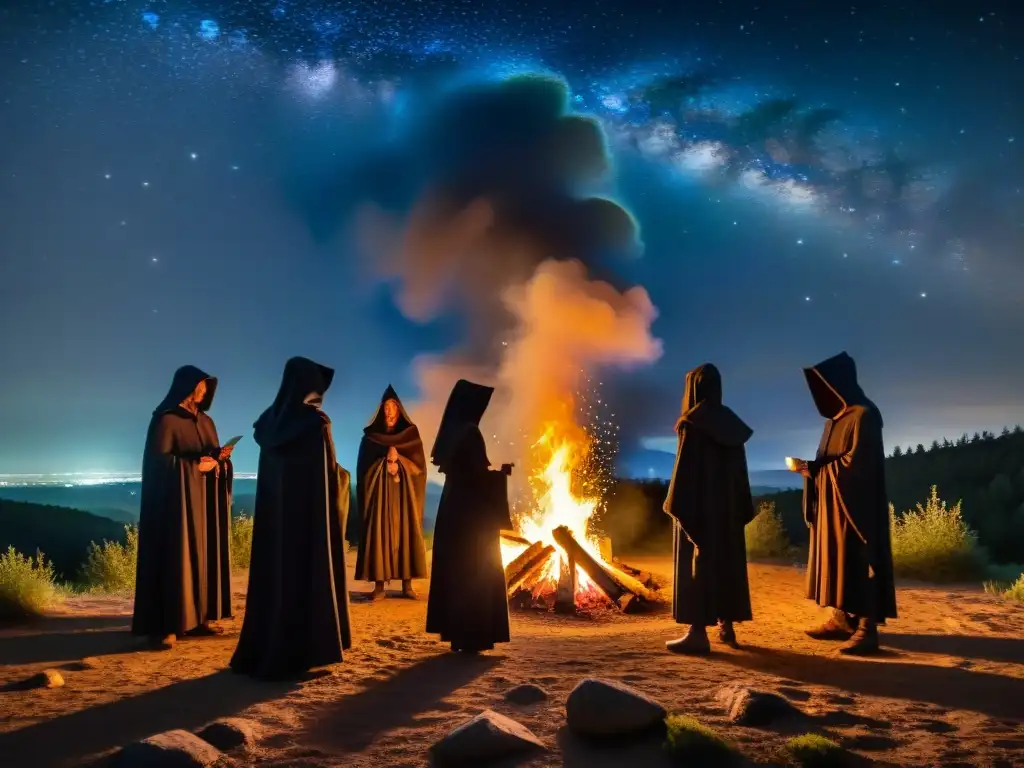 Figuras misteriosas rodean fogata en bosque, evocando sociedades secretas influencia misterios