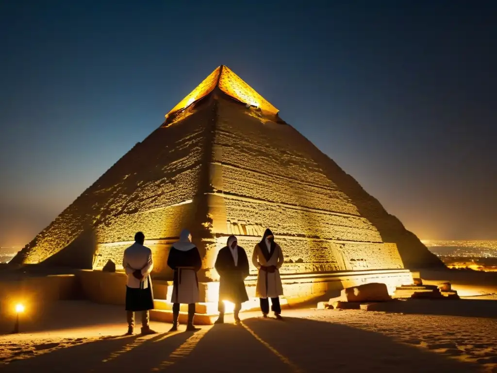 Figuras misteriosas en ritual secreto ante la Gran Pirámide de Giza iluminada en la noche, revelando secretos sociedades secretas antigüedad