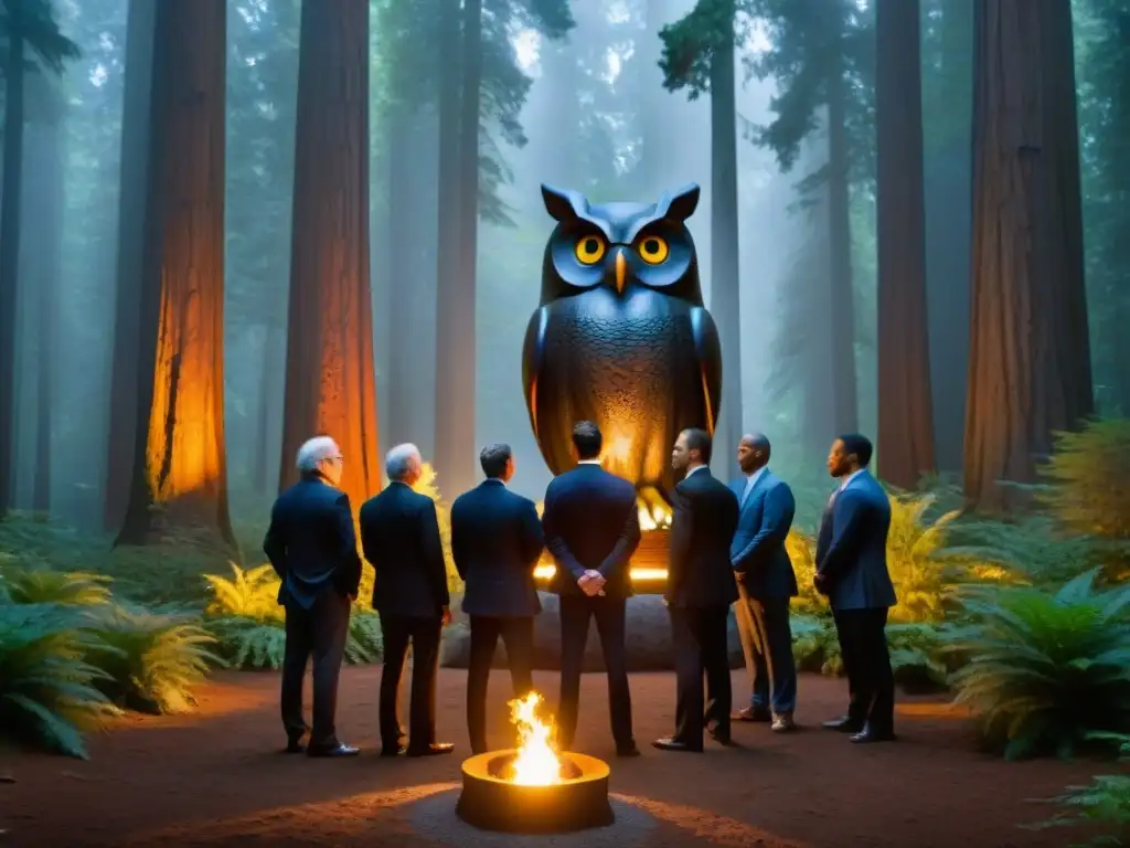 Figuras poderosas en trajes oscuros rodeando una estatua de búho en la penumbra del Bosque de Bohemian Grove