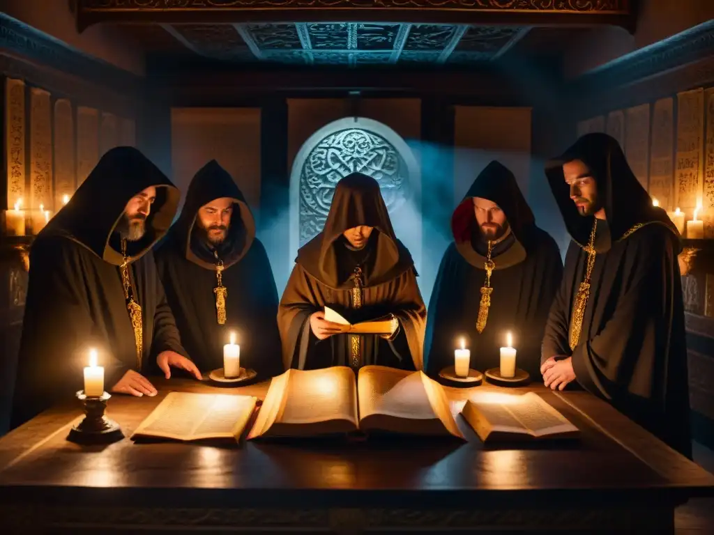 Figuras en sombras con túnicas, en cámara iluminada por velas, estudiando textos antiguos en mesa ornamental