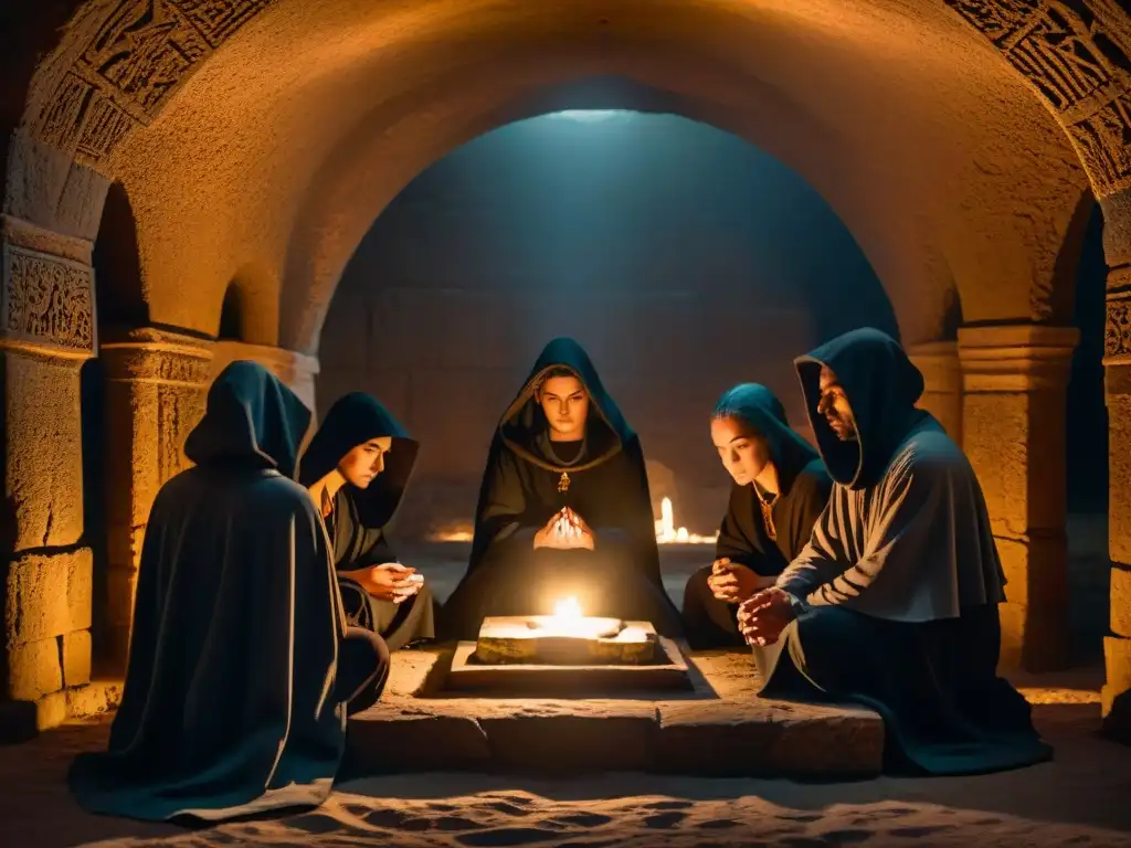 Figuras en túnicas alrededor de un altar en cámara subterránea, con símbolos antiguos y un ritual misterioso