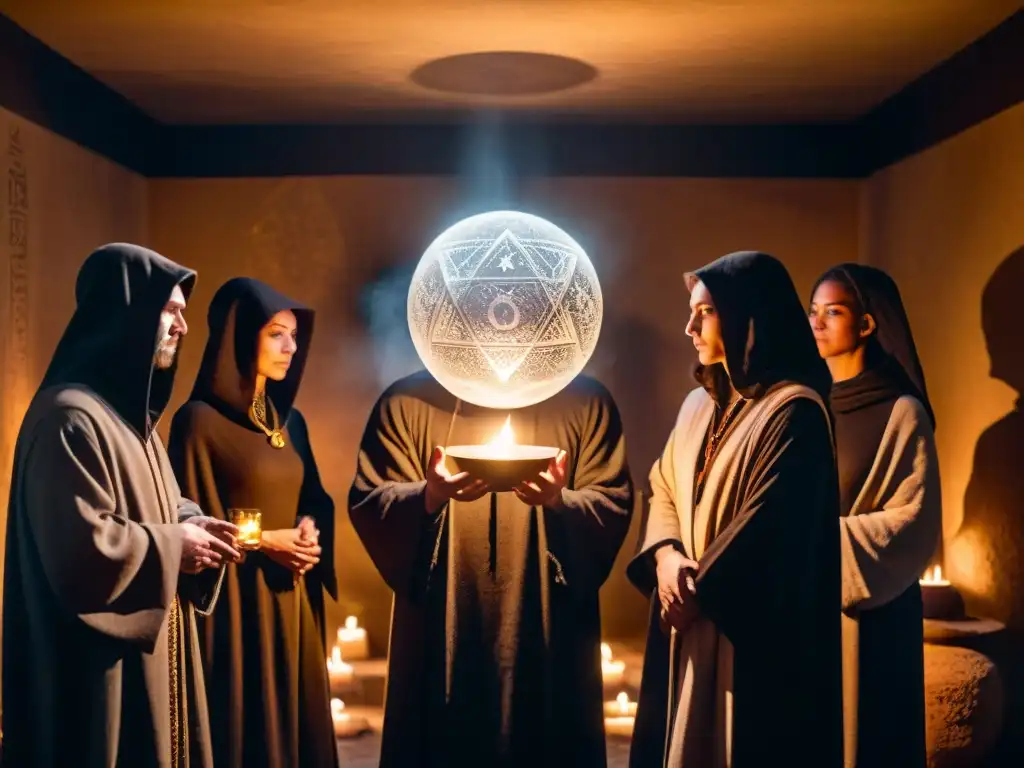 Figuras en túnicas oscuras realizan un ritual con un orbe brillante en un ambiente misterioso