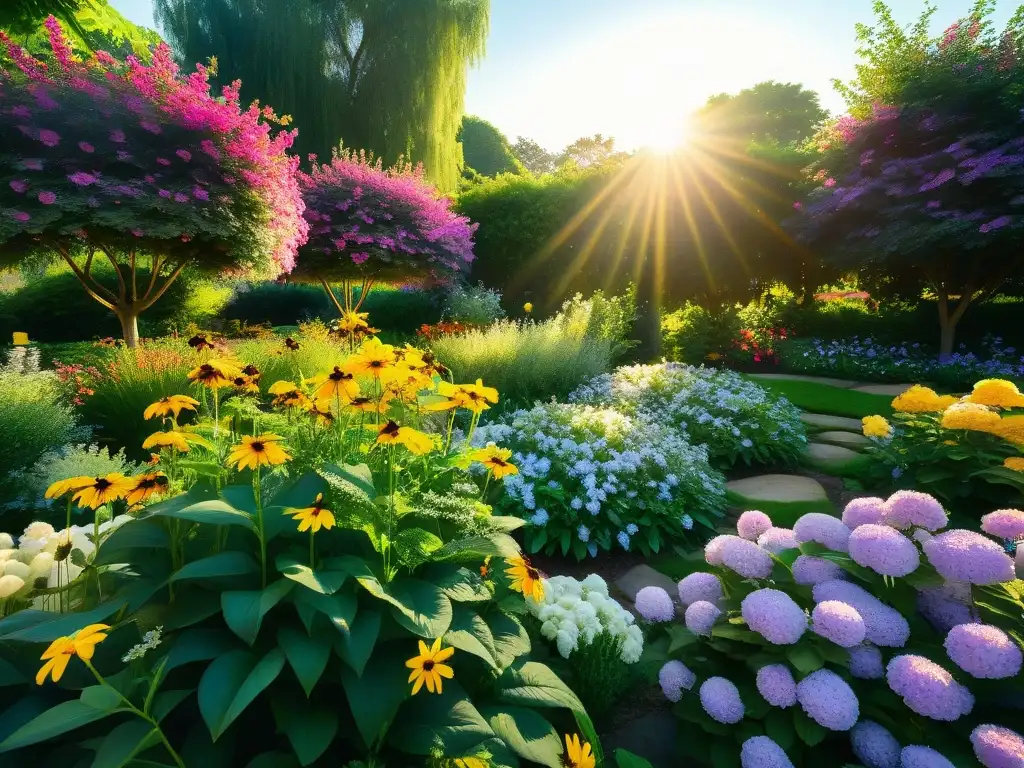 Un jardín de flores vibrantes y serenas, abejas recolectando néctar