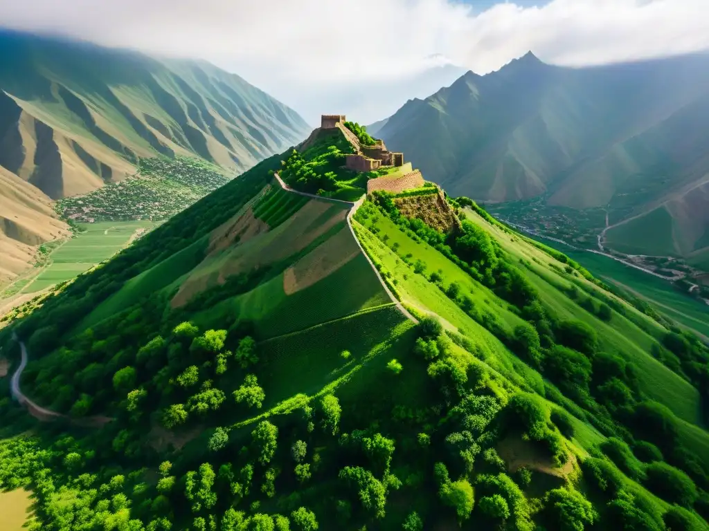 Fortaleza antigua de Alamut en las montañas de Alborz, envuelta en niebla