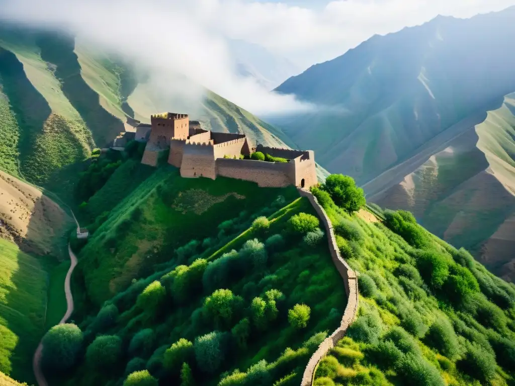 Fortaleza antigua de Alamut en la neblina, revelando historia misteriosa de sociedades secretas