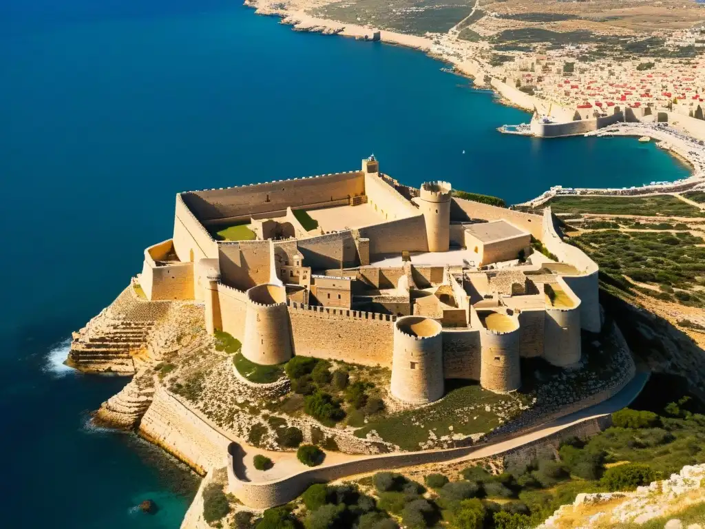 Fortaleza de los Caballeros Hospitalarios en Malta, con su intrincada arquitectura de piedra y vista al mar Mediterráneo