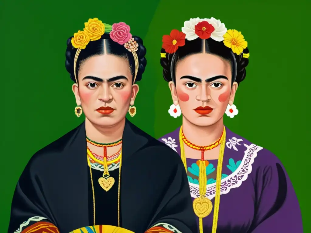 Dos Fridas, una en traje Tehuana y otra en vestido victoriano, destacando símbolos femeninos en el arte