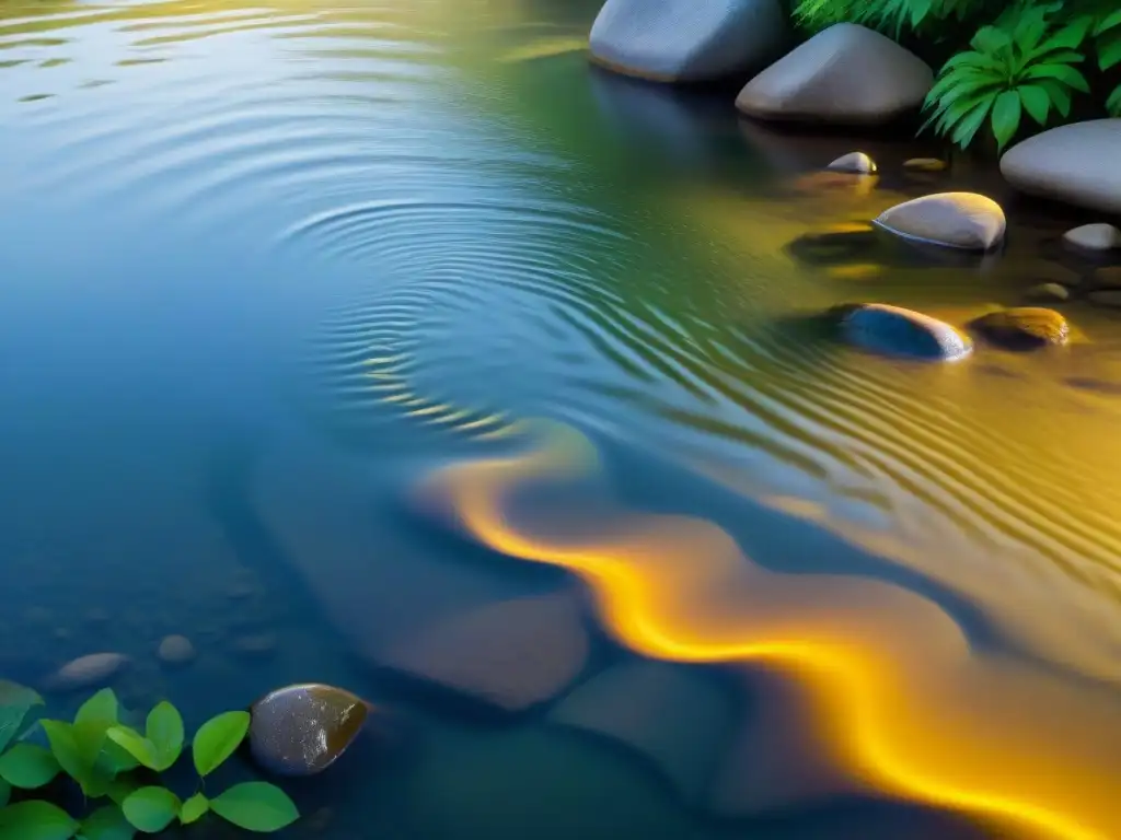 Fuentes de agua para rituales: un arroyo cristalino fluye suavemente sobre rocas, rodeado de vegetación exuberante bajo la luz dorada del sol poniente