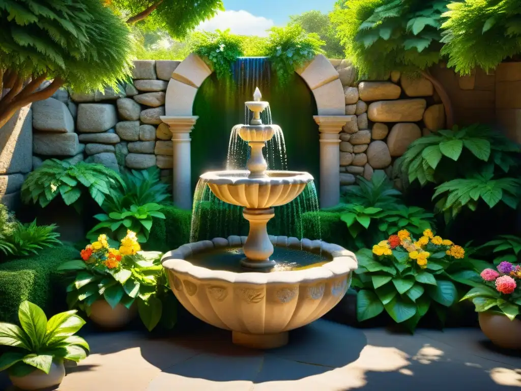 Fuentes de agua para rituales: Fuente de piedra tallada con agua cascada, rodeada de vegetación exuberante y flores coloridas bajo la luz del sol