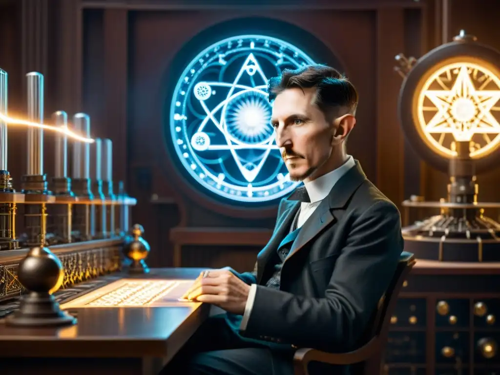 Nikola Tesla colaborando con fuerzas misteriosas e Illuminati en su laboratorio