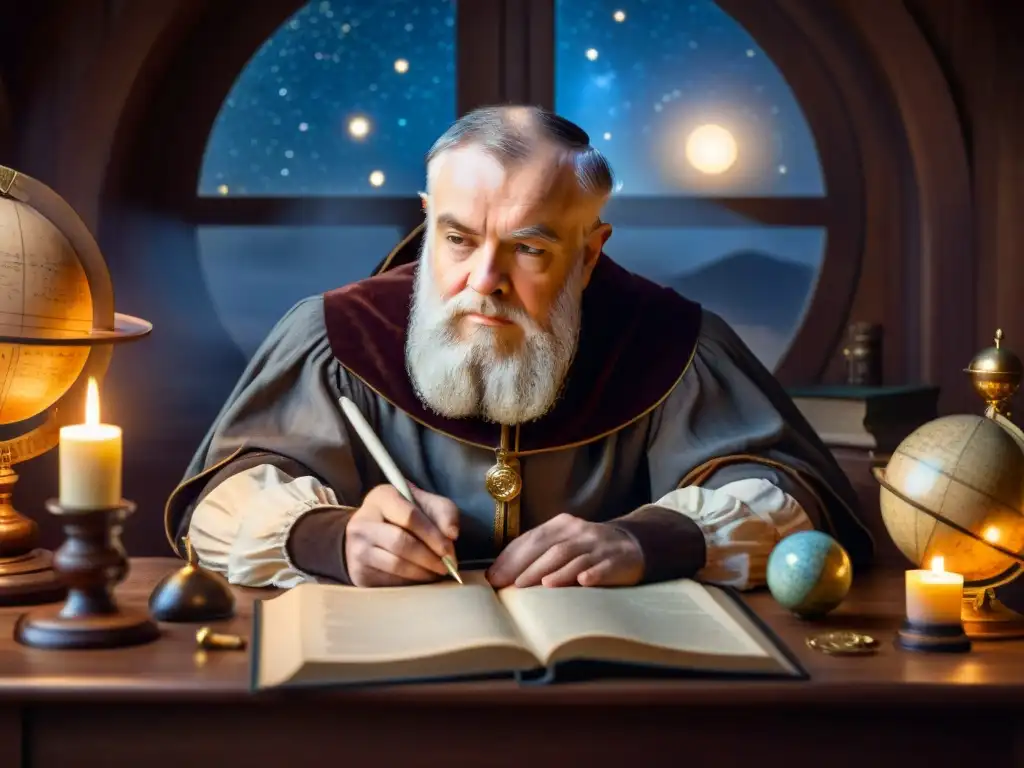 Galileo Galilei inmerso en el esoterismo, rodeado de instrumentos astronómicos, escribiendo en su diario a la luz de las velas