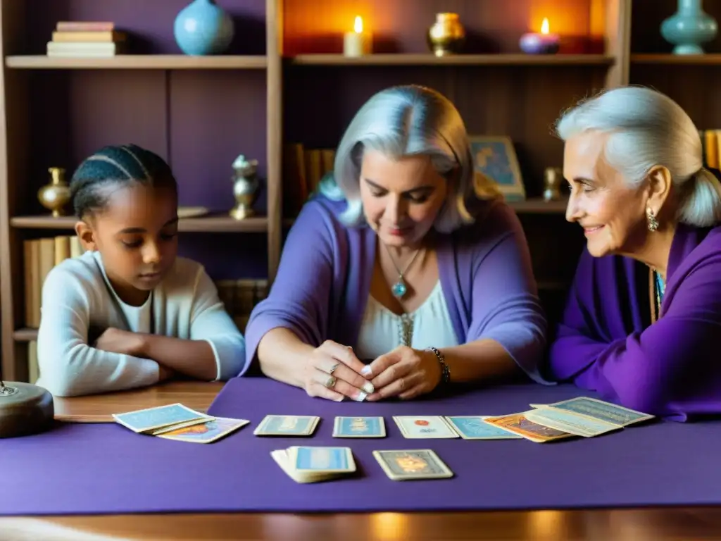 Tres generaciones interpretando Tarot en un ambiente acogedor, explorando historias familiares y legados espirituales