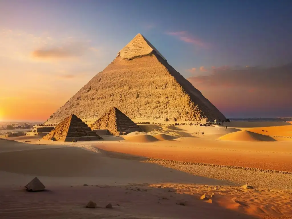 La mágica pirámide de Giza al atardecer, revelando secretos sociedades secretas