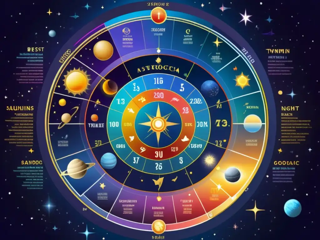 Carta astral para emprendedores: momentos auspiciosos para proyectos Gráfico astrológico detallado con colores vibrantes y momentos auspiciosos para iniciar proyectos y negocios, sobre un cielo estrellado