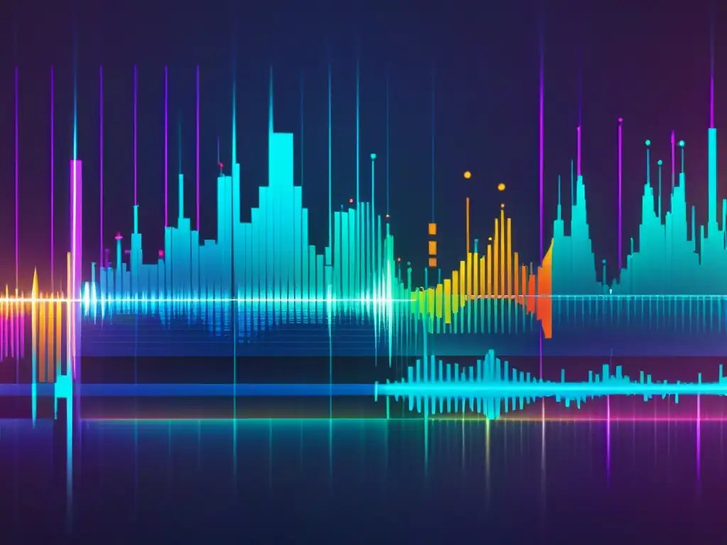 Gráfico detallado de onda sonora con colores vibrantes, notas musicales y símbolos, revelando música secreta frecuencias ocultas