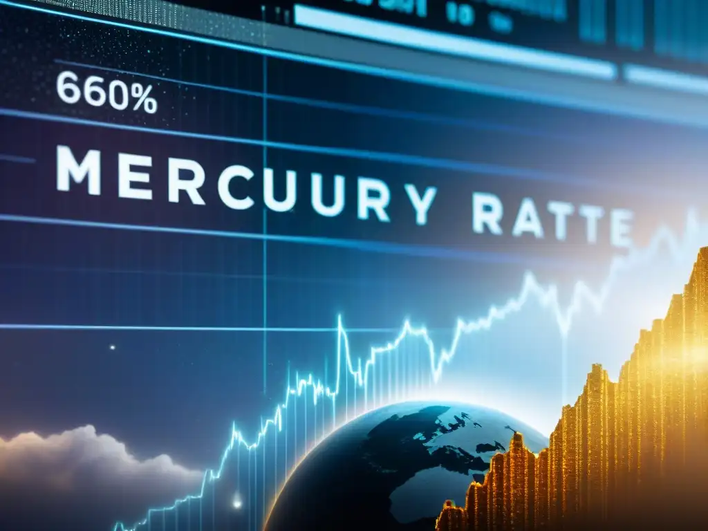 Un gráfico financiero caótico con Mercurio retrógrado, fusionando mitos y realidades económicas