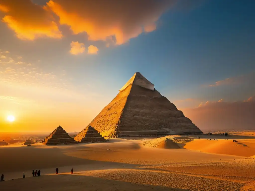 La Gran Pirámide de Giza al atardecer, con patrones geométricos y figuras en capuchas, evocando sociedades secretas en el Cairo