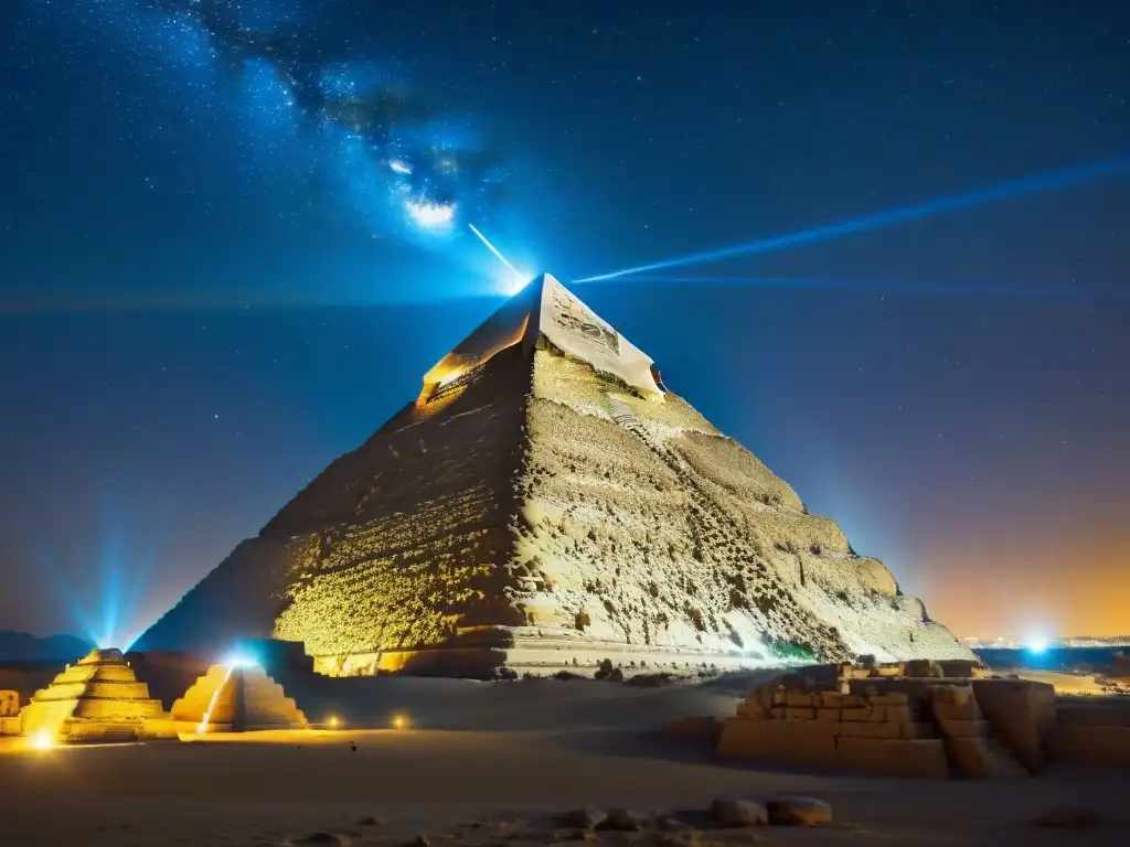 La Gran Pirámide de Giza iluminada por un rayo láser hacia el cosmos, revelando cómo antiguas civilizaciones manipulaban energía