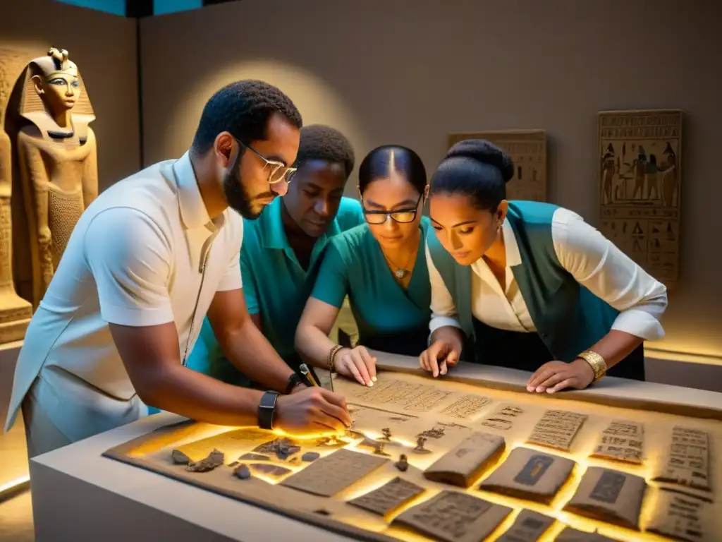 Un grupo de académicos y arqueólogos examinan artefactos egipcios en un museo