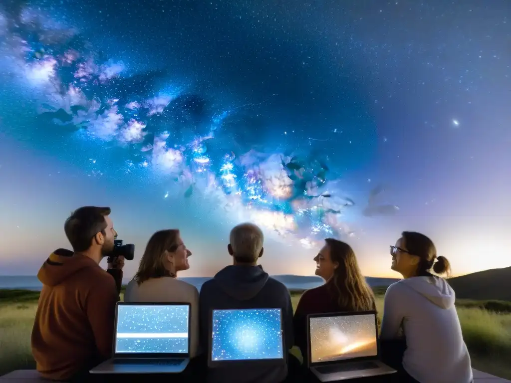 Grupo de aficionados a la astrología estudiando las estrellas bajo la Vía Láctea, rodeados de software y telescopios