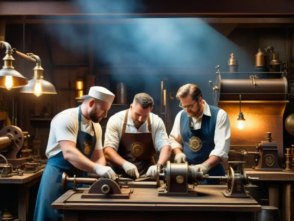 Grupo de albañiles en un taller antiguo iluminado por lámparas de gas, trabajando en una máquina steampunk