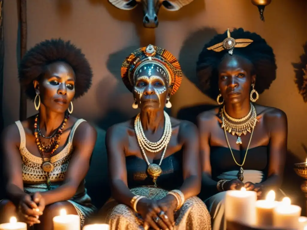 Un grupo de ancianas africanas visten atuendos vudú en una habitación iluminada por velas