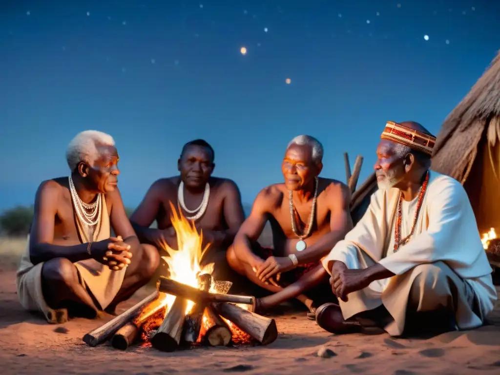 Grupo de ancianos africanos en fogata nocturna, preservando tradiciones ancestrales