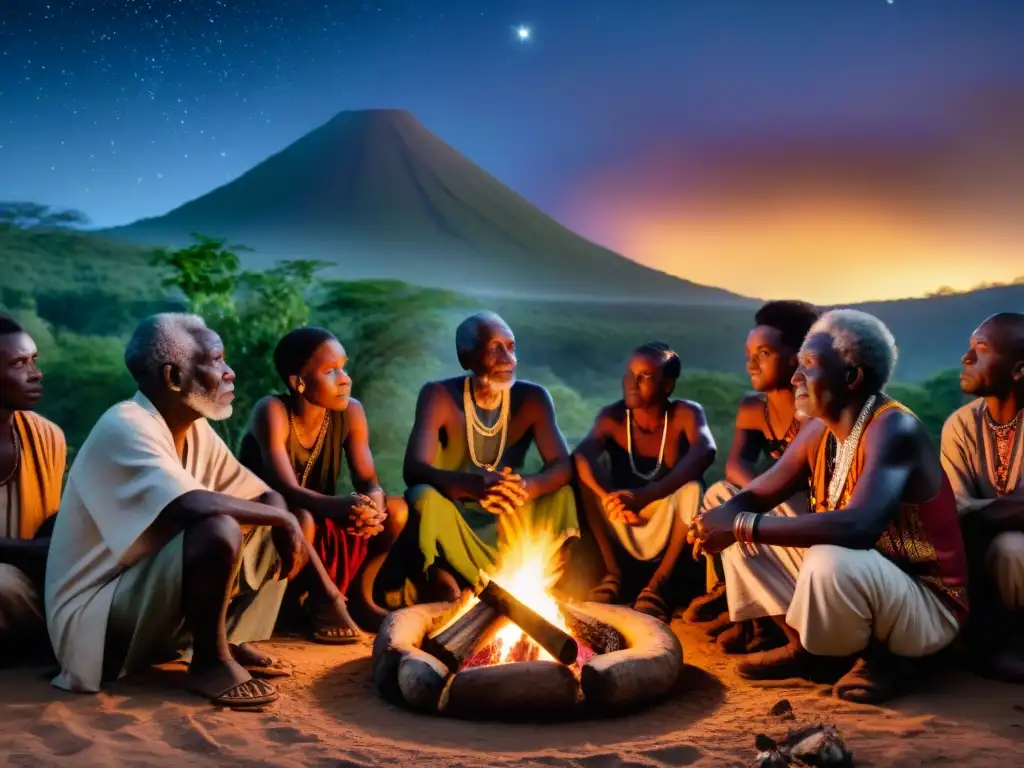 Un grupo de ancianos africanos reunidos alrededor de una fogata, sus rostros iluminados por el fuego en una noche estrellada