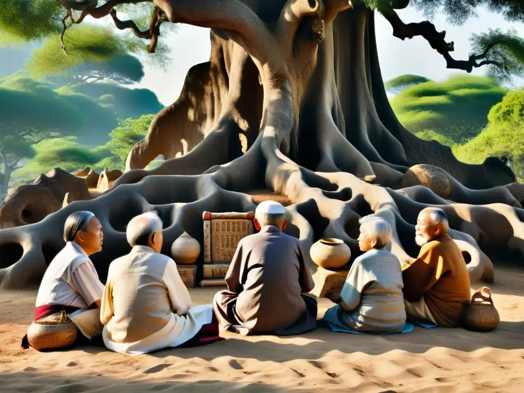 Sabiduría ancestral: ancianos asiáticos en círculo bajo árbol milenario Grupo de ancianos asiáticos en sabia conversación bajo árbol milenario, rodeados de artefactos antiguos